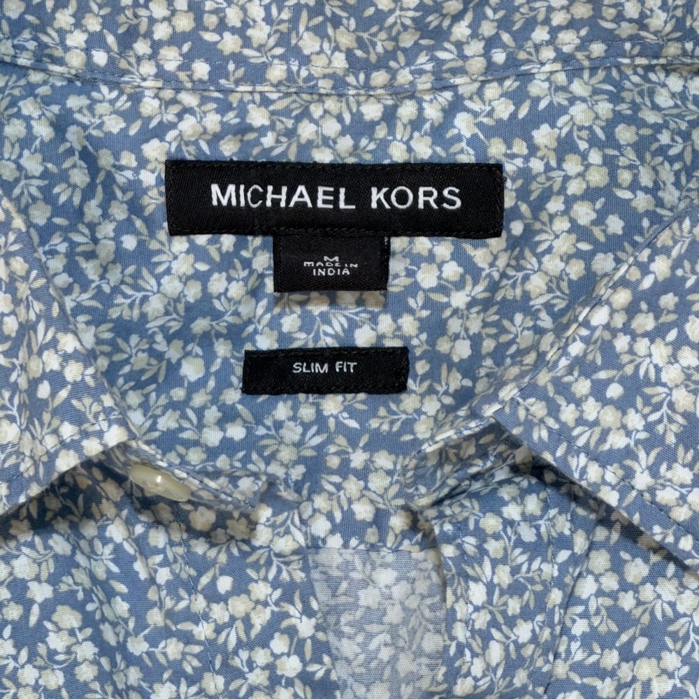 Michael Kors Shirt Mens Medium Blue Floral Slim Fit Short Sleeve Button Down
